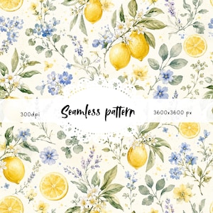 May include: A watercolour seamless pattern with lemons, blue and yellow flowers, and green leaves. The text "Seamless pattern" is displayed in black script. The background is a light cream colour. The image is 3600x3600 px and 300 dpi.
