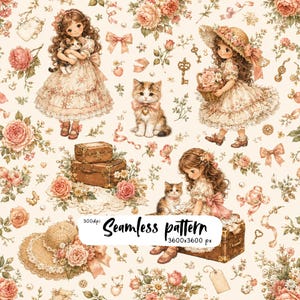 Vintage Girl & Kitten Seamless Pattern PNG, Cottagecore Floral Roses, Coquette Bow Digital Paper, 300 DPI