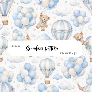 Pode incluir: Um padrão sem costuras com ilustrações em aguarela de ursos de peluche a segurar molhos de balões azul-claros e creme, balões de ar quente às riscas e nuvens fofas num fundo branco, com o texto 300dpi e 3600x3600 px.