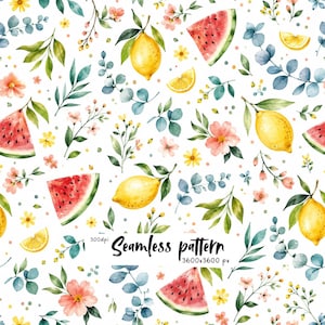 May include: A seamless pattern featuring watercolour illustrations of yellow lemons, red watermelon slices, green eucalyptus leaves, and small pink and yellow flowers on a white background. The text reads Seamless pattern 300dpi 3600x3600 px.