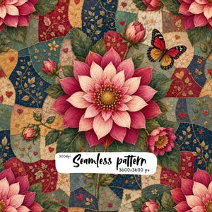 Nahtloses Patchworkmuster mit rosa Dahlien, digitales Papier mit Schmetterlingsblumenmuster, Vintage-Quiltstoff- und Tapetendesign
