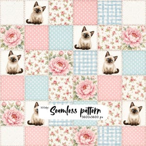 May include: A seamless pattern featuring a grid of squares with illustrations of Siamese kittens, pink peonies, small pink roses, light blue polka dots, and light blue gingham checks. The text 300dpi Seamless pattern 3600x3600 px is visible.