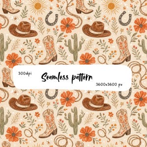 Cowgirl Western Seamless Pattern, Cowboy Boots Hat Cactus Print, Rustic Rodeo Fabric Design, Desert Wildflowers Digital Paper