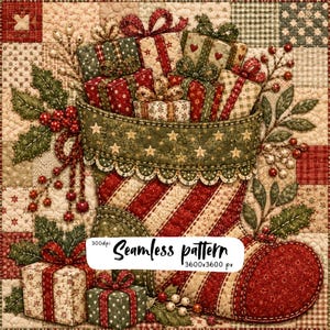Könnte beinhalten: Ein gesteppter Weihnachtsstrumpf gefüllt mit verpackten Geschenken, verziert mit Stechpalmenblättern und roten Beeren. Der Strumpf hat ein grünes Bündchen mit goldenen Sternen und einen rot-cremefarben gestreiften Körper. Text: Seamless pattern 300dpi 3600x3600 px.