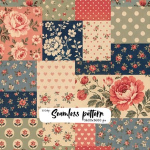 Vintage Floral Patchwork Seamless Pattern, Cottagecore Roses Digital Paper, Retro Quilt Fabric, Scrapbook Background Download