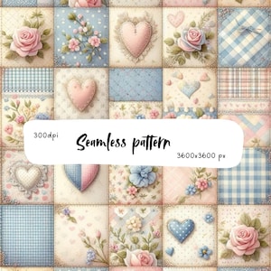 May include: A seamless pattern featuring a grid of squares with illustrations of pink roses, blue and pink hearts, and blue gingham checks. The image includes the text 300dpi, Seamless pattern, and 3600x3600 px overlaid on a white rounded rectangle.