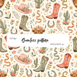 Western Cowgirl Seamless Pattern, Floral Cowboy Boots & Pink Hats, Boho Western Desert Print, Highland Cow, Cactus Horseshoe Design,