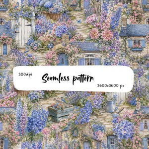 Peut inclure: Un motif répétitif représentant un jardin de cottage avec des allées en pierre, des hortensias bleus et roses, de la lavande et des fleurs grimpantes. Le design inclut des caisses en bois rustiques, un arrosoir en métal et des petits oiseaux bleus.