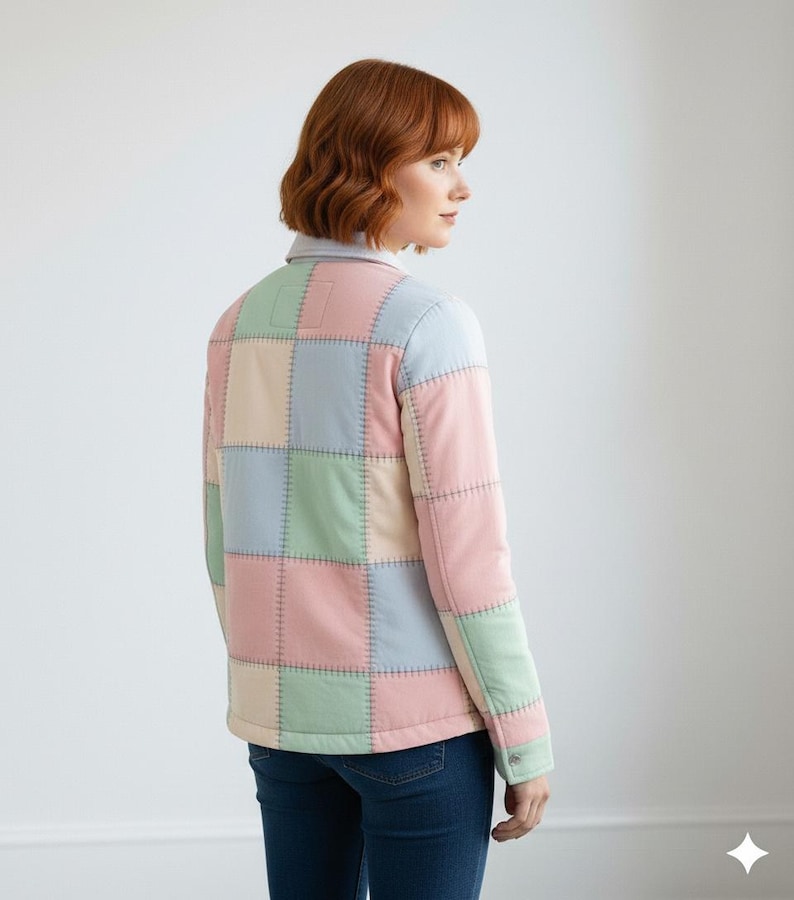 May include: A pastel patchwork jacket in pink, blue, green, and beige squares. The jacket has a button closure and a collar. The stitching is visible, adding to the handcrafted aesthetic. The jacket is worn with blue jeans.