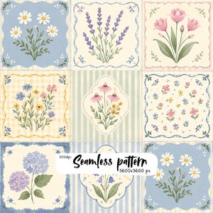 May include: A seamless pattern featuring nine square tiles with floral illustrations including daisies, lavender, tulips, hydrangeas, and wildflowers on backgrounds of stripes, gingham, and solid colors. The text 300dpi Seamless pattern 3600x3600 px is visible.