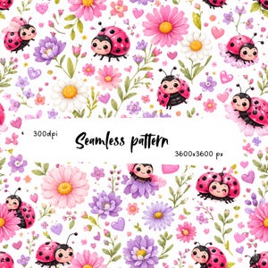 Motivo senza cuciture con coccinella rosa PNG, design floreale con coccinella kawaii, carta digitale con margherite e fiori selvatici, stampa per cameretta