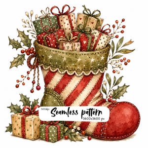 Christmas Stocking Clipart, Vintage Holiday Gifts PNG, Watercolor Xmas Boot, Rustic Country Sublimation, Festive Decor