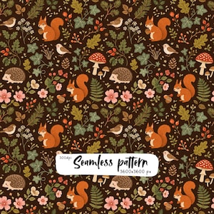 Könnte beinhalten: Ein nahtloses Muster auf dunkelbraunem Hintergrund mit Illustrationen von orangefarbenen Eichhörnchen, braunen Igeln, kleinen Vögeln, rot-weißen Pilzen, rosa Blüten, grünen Blättern, Tannenzapfen und Beeren. Text: 300dpi Seamless pattern 3600x3600 px.