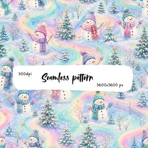 Snowman Christmas Seamless Pattern Pastel Aurora Winter Wonderland Holiday Digital Paper Fabric Wallpaper Scrapbook PNG Repeat Printable Art