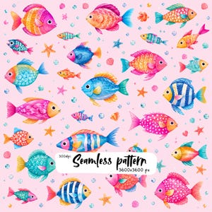 Cute Tropical Fish Seamless Pattern | Watercolor Ocean Fish Repeat | Pink Underwater Nursery Fabric | Coastal Beach Fabric Print Design