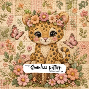 Pode incluir: Uma ilustração digital de um filhote de leopardo com uma coroa de flores, sentado num tronco de árvore. O fundo é um tecido patchwork acolchoado com motivos florais e duas borboletas cor-de-rosa. Texto: 300dpi Seamless pattern 3600x3600 px.
