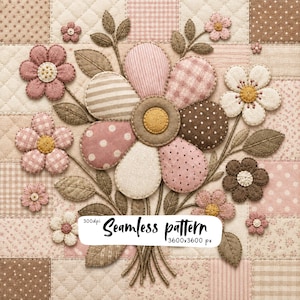 Pink Brown Patchwork Flower Bouquet Pattern, Cottagecore Quilted Floral Digital Paper, Shabby Chic Fabric Design