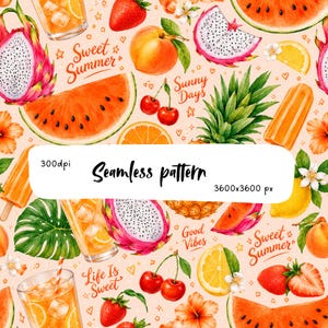 Pode incluir: Um padrão contínuo com ilustrações em aguarela de pitaia, fatias de melancia, morangos, pêssegos, cerejas, ananases, limões, gelados de laranja e copos de chá gelado com o texto Sweet Summer, Sunny Days, Good Vibes e Life Is Sweet.