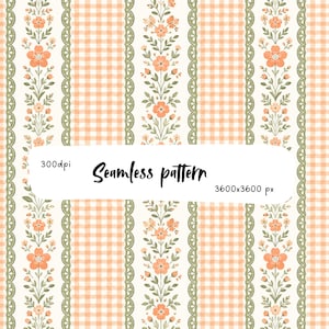 May include: A seamless pattern featuring vertical stripes of peach gingham alternating with floral vines in peach and sage green. The design includes scalloped sage green borders and text that reads 300dpi, Seamless pattern, and 3600x3600 px.