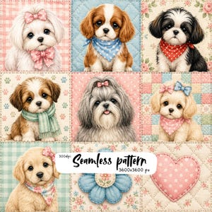 Op de afbeelding: Een naadloos patroon met negen vierkante panelen met illustraties van diverse puppy's, een blauwe bloem en een roze hart. De puppy's dragen accessoires zoals strikjes, bandana's en sjaals tegen gewatteerde achtergronden met bloemen- en ruitpatronen.