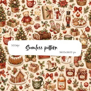 Könnte beinhalten: Ein nahtloses Muster mit weihnachtlichen Illustrationen wie Teddybären, Nussknackern, Schneemännern, Lebkuchenhäusern, Baumstammkuchen, Kakaotassen, Geschenken, Socken, Christbaumkugeln und Stechpalmen auf cremefarbenem Grund mit 300dpi Text.