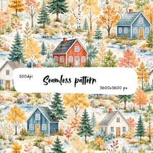 Pode incluir: Um padrão contínuo apresentando uma paisagem em aquarela com casas vermelhas, azuis e brancas aninhadas entre árvores perenes e folhagem de outono. O design inclui o texto 300dpi, Seamless pattern e 3600x3600 px no centro.