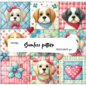 Cute Puppy Patchwork Seamless Pattern, Kawaii Dog Quilt Digital Paper, Cottagecore Puppy Fabric Design, Pink Blue Nursery Background PNG