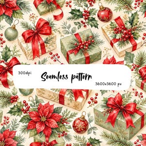 Puede incluir: Un patrón continuo con ilustraciones en acuarela de regalos de Navidad envueltos con cintas rojas, flores de pascua rojas, bayas de acebo, ramas de pino y adornos con detalles dorados sobre un fondo de color crema claro.