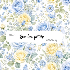 May include: A seamless pattern featuring watercolor illustrations of light blue and pale yellow roses, small blue flowers, and green leaves on a white background. The text 300dpi, Seamless pattern, and 3600x3600 px is printed in black.