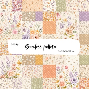 May include: A seamless pattern featuring a patchwork grid of floral illustrations and polka dot squares in shades of peach, lavender, sage green, and cream. The design includes text reading 300dpi, Seamless pattern, and 3600x3600 px.