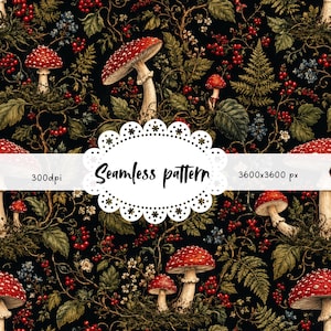 Puede incluir: Patrón sin costuras con setas rojas con lunares blancos, bayas y follaje sobre un fondo negro. El diseño incluye el texto "Seamless pattern" y la resolución "3600x3600 px".