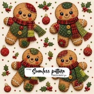 Patchwork Gingerbread Men Seamless Pattern, Christmas Cookie Digital Paper, Quilted Holiday Fabric, Scrapbook Background Download