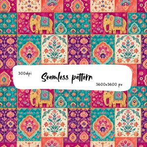 May include: A seamless pattern featuring repeating rectangular tiles with illustrations of elephants in teal and pink blankets, and floral motifs in orange, pink, and teal. The text 300dpi, Seamless pattern, and 3600x3600 px is overlaid.