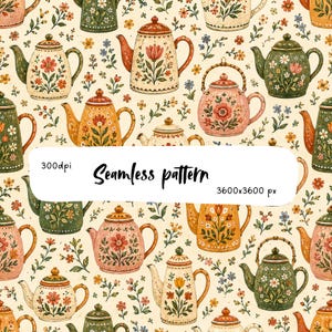 Pode incluir: Um padrão contínuo com vários bules em tons de verde, rosa, amarelo e creme, decorados com motivos florais e pequenas folhas. Uma sobreposição retangular branca exibe o texto 300dpi, Seamless pattern, e 3600x3600 px.