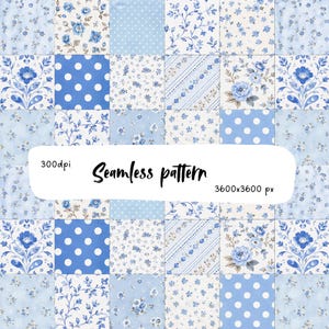 Può includere: Un motivo senza cuciture che presenta una griglia di quadrati blu e bianchi con vari disegni floreali, a pois e a righe. L'immagine include il testo 300dpi, Seamless pattern e 3600x3600 px centrato in una sovrapposizione rettangolare bianca.