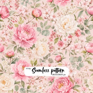 Può includere: Un motivo senza cuciture con peonie rosa e bianche, boccioli e fogliame verde su uno sfondo rosa tenue. Un'etichetta rettangolare bianca è sovrapposta con il testo nero: 300dpi Seamless pattern 3600x3600 px.