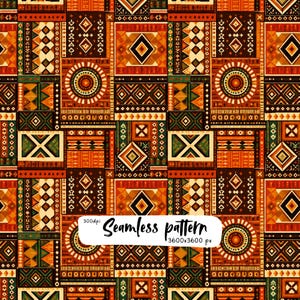 African Tribal Patchwork Seamless Pattern, Ethnic Geometric Boho Fabric, Digital Paper Printable PNG for Craft Projects.