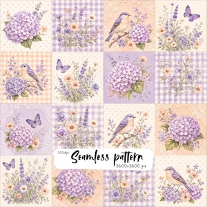 May include: A digital seamless pattern featuring sixteen square tiles with illustrations of purple hydrangeas, lavender, daisies, blue birds, and butterflies on backgrounds of gingham, lace, and polka dots. Text reads 300dpi Seamless pattern 3600x3600 px.