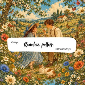 Pode incluir: Uma ilustração digital de um casal num prado florido com um gato, incluindo o texto 300dpi Seamless pattern 3600x3600 px. A cena mostra um vestido azul, um chapéu de palha, uma camisa branca, calças castanhas e várias borboletas.