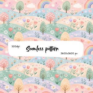 Pode incluir: Um padrão contínuo com colinas onduladas em tons pastel de rosa, azul e verde, decorado com várias árvores, flores, nuvens e arco-íris. Um retângulo branco exibe o texto 300dpi, Seamless pattern, 3600x3600 px.