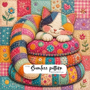 Digitale kunst van een patchwork kat, schattig slapend kitten op gewatteerde kussens, kleurrijke print op stof, decoratie voor de naaikamer