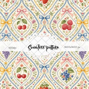 Cottagecore Fruit & Ribbon Seamless Pattern | Strawberry Cherry Bow Lattice Print | Vintage Folk Art Digital Paper