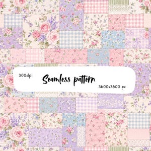 May include: A digital seamless pattern featuring a patchwork design of floral prints, pink and blue gingham checks, and lace textures in soft pastel shades of pink, lavender, and blue. The text 300dpi, Seamless pattern, and 3600x3600 px is visible.