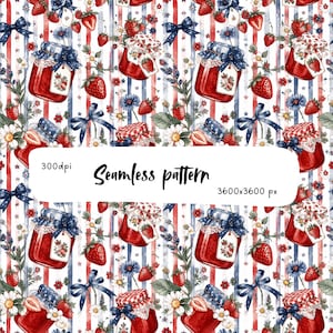 Motivo senza cuciture con marmellata di fragole patriottica PNG, design per tessuti Americana Cottagecore, confetture di fragole rosse, bianche e blu, estate USA digitale