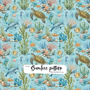 May include: A seamless pattern featuring sea turtles, dolphins, clownfish, butterflyfish, seahorses, starfish, seashells, and coral on a light blue background. The image includes the text 300dpi Seamless pattern 3600x3600 px.