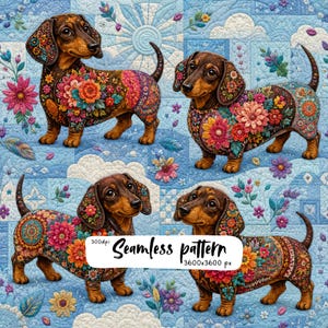 Può includere: Un motivo senza cuciture con quattro bassotti marroni decorati con vivaci disegni floreali e mandala. Lo sfondo è una texture di tessuto trapuntato azzurro con nuvole e fiori. Il testo recita: Seamless pattern 300dpi 3600x3600 px.