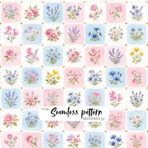 Pastel Floral Patchwork Seamless Pattern, Pink Roses and Blue Wildflowers, Cottagecore Quilt Fabric Design, Digital Paper