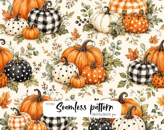 Farmhouse Pumpkin Seamless Pattern, Autumn Digital Paper, Watercolor Fall Pumpkins, Buffalo Plaid Halloween Fabric