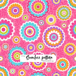May include: A seamless pattern featuring vibrant, multi-coloured circular floral motifs in shades of pink, turquoise, orange, yellow, and purple against a hot pink background with a subtle damask print. Text reads 300dpi Seamless pattern 3600x3600 px.