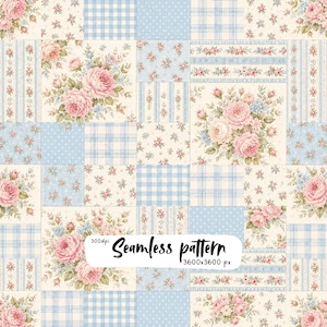 May include: A seamless pattern featuring a patchwork design of light blue and cream squares. The squares contain floral bouquets of pink roses, blue and white gingham checks, white polka dots on blue, and vertical floral stripes. Text reads 300dpi Seamless pattern 3600x3600 px.
